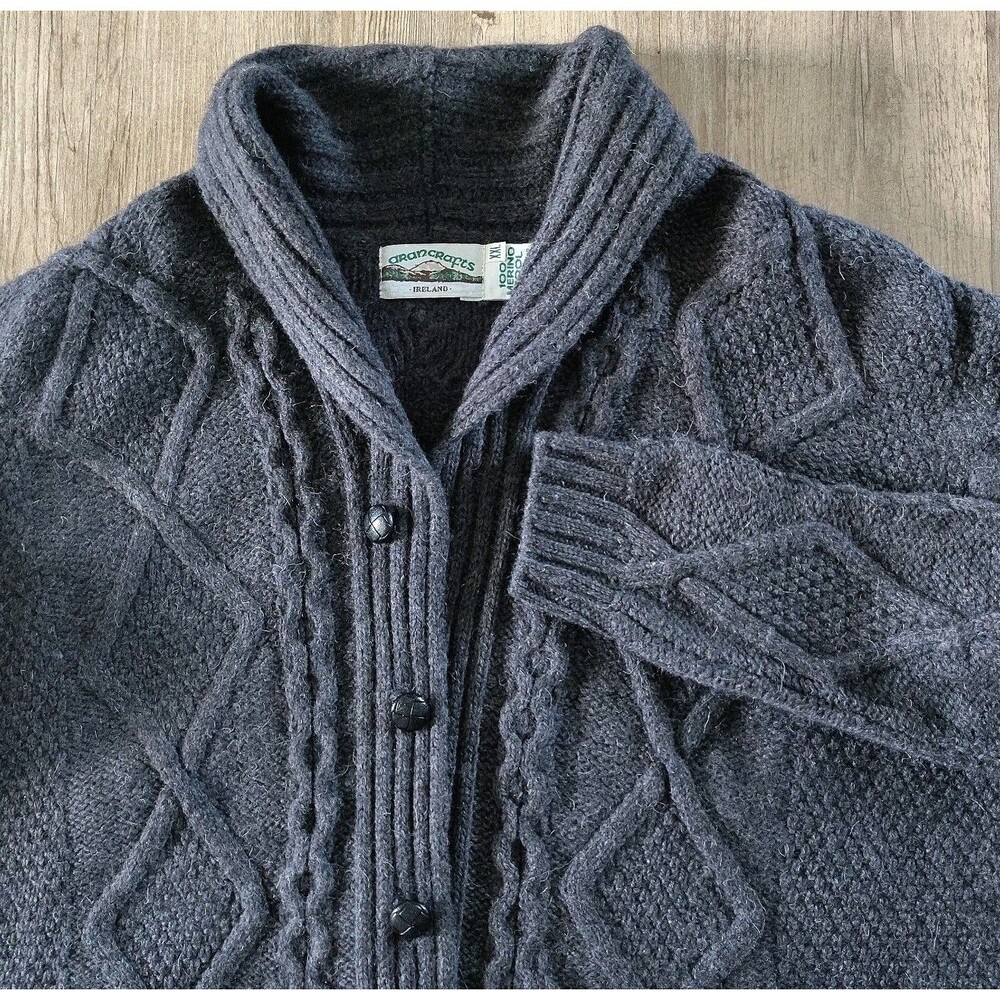 Aran Crafts Mens XXL Cardigan Shawl Collar 100% Wool Button Ireland Grandpacore